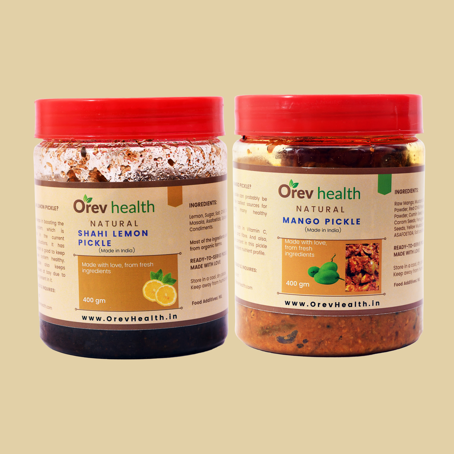 Orev Health Organic Shahi Lemon Pickle and Mango Pickle - 800gm (400gm * 2pack)