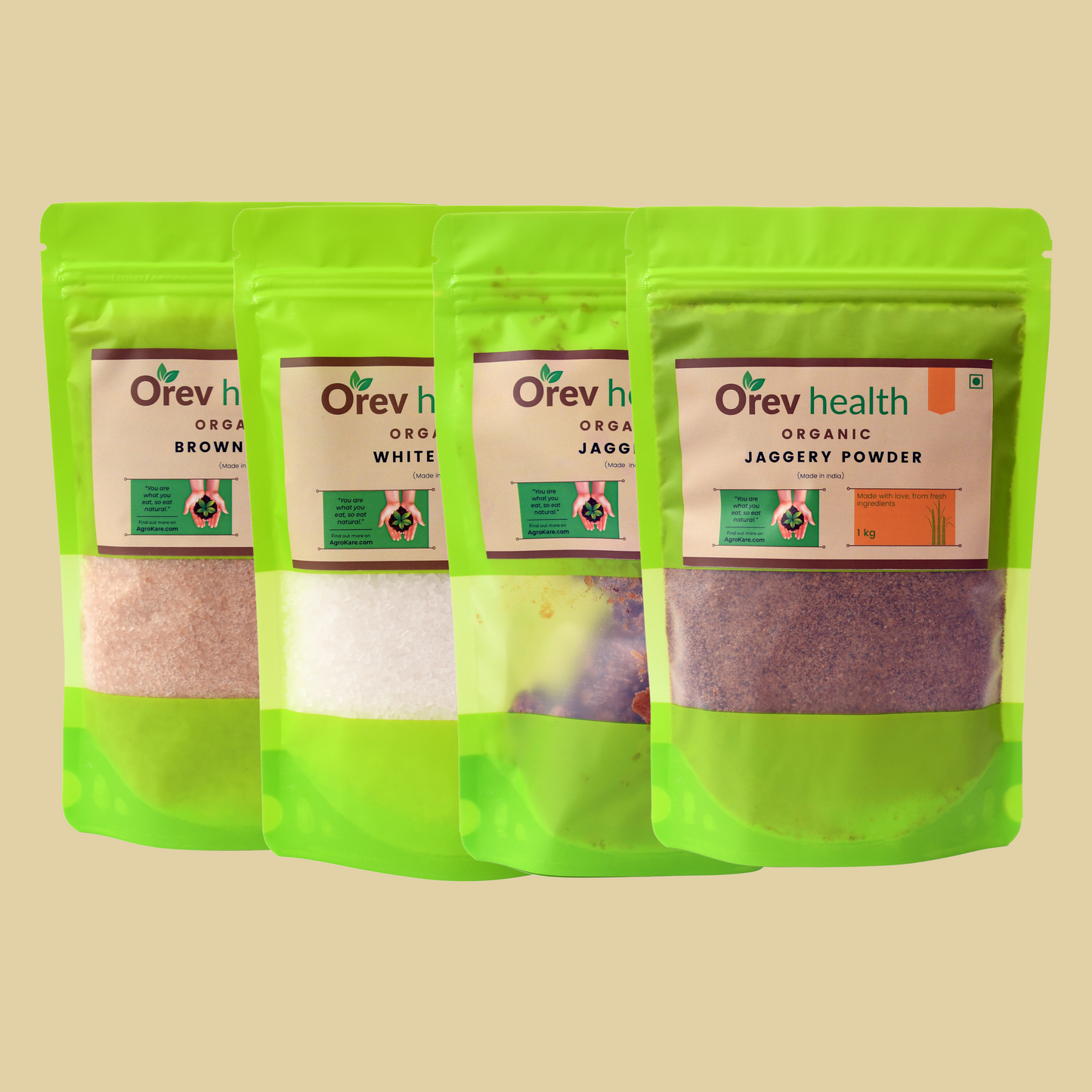 Orev Health Organic Sweetner Combo - 4.8Kg(White, Brown 1.5Kg each, Jaggery Powder1Kg,Whole 800gm)