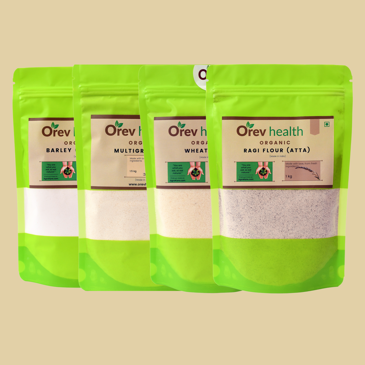 Orev Health Organic Flour Combo - 5Kg (Wheat Flour - 1.5Kg,Multigrain Flour -1.5Kg, Ragi Flour - 1Kg, Barley Flour - 1Kg)