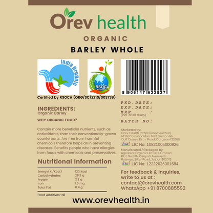 Orev Health Organic Barley Whole - 2Kg (1Kg * 2pack)