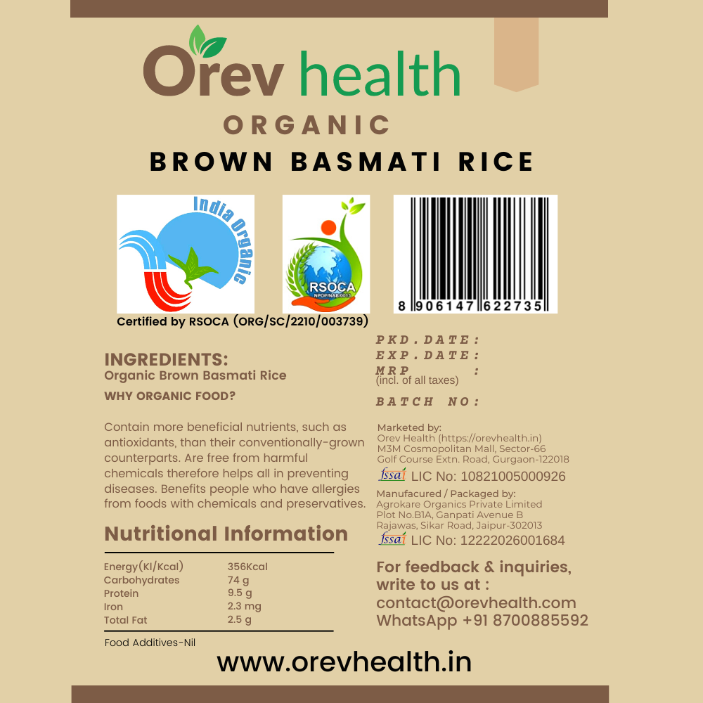 Orev Health Organic Brown Basmati Rice - 2Kg (1Kg * 2pack)