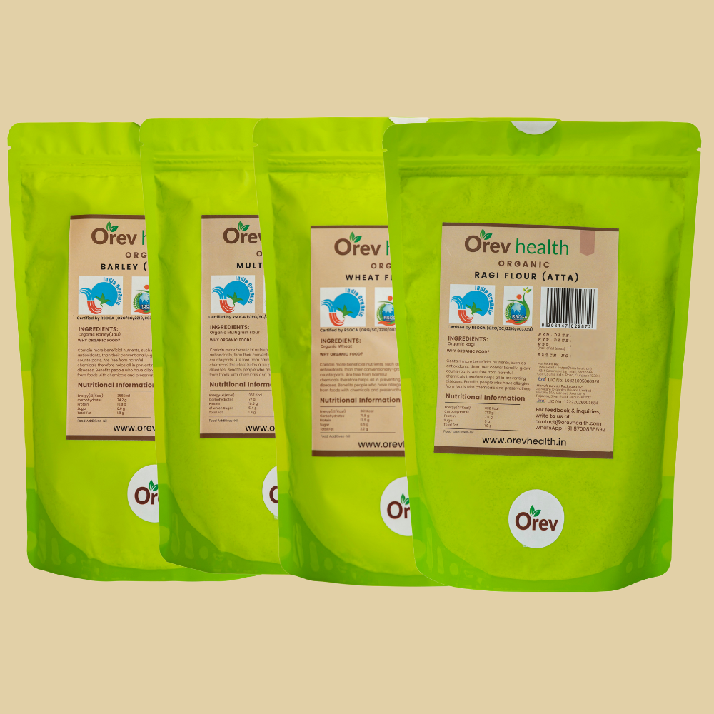 Orev Health Organic Flour Combo - 5Kg (Wheat Flour - 1.5Kg,Multigrain Flour -1.5Kg, Ragi Flour - 1Kg, Barley Flour - 1Kg)