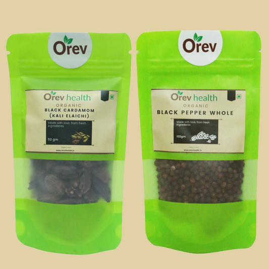Orev Health Organic Black Cardamon (50g) & Black Pepper Whole (100g) - 150gm
