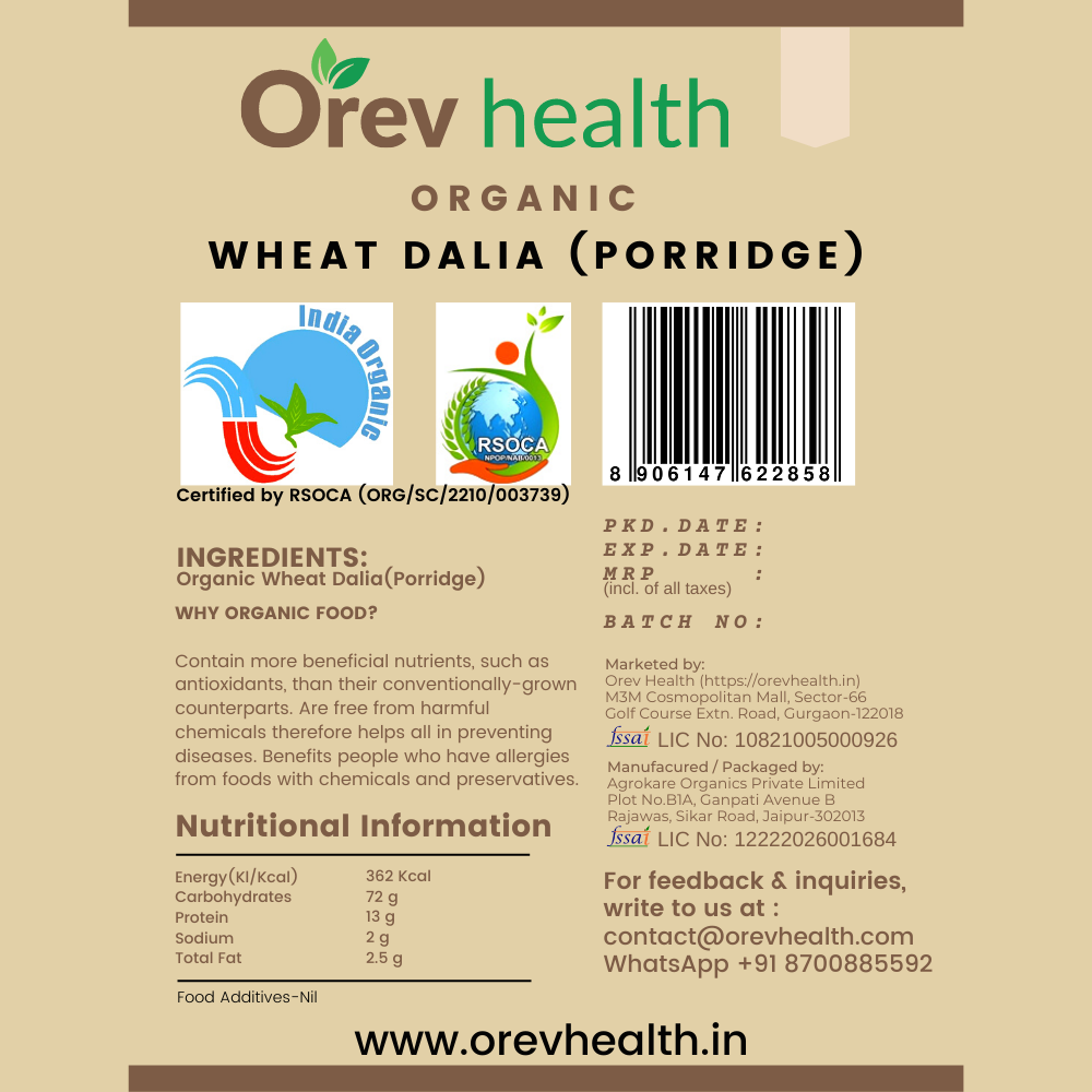 Orev Health Organic Wheat Dalia - 2Kg (1Kg * 2pack)