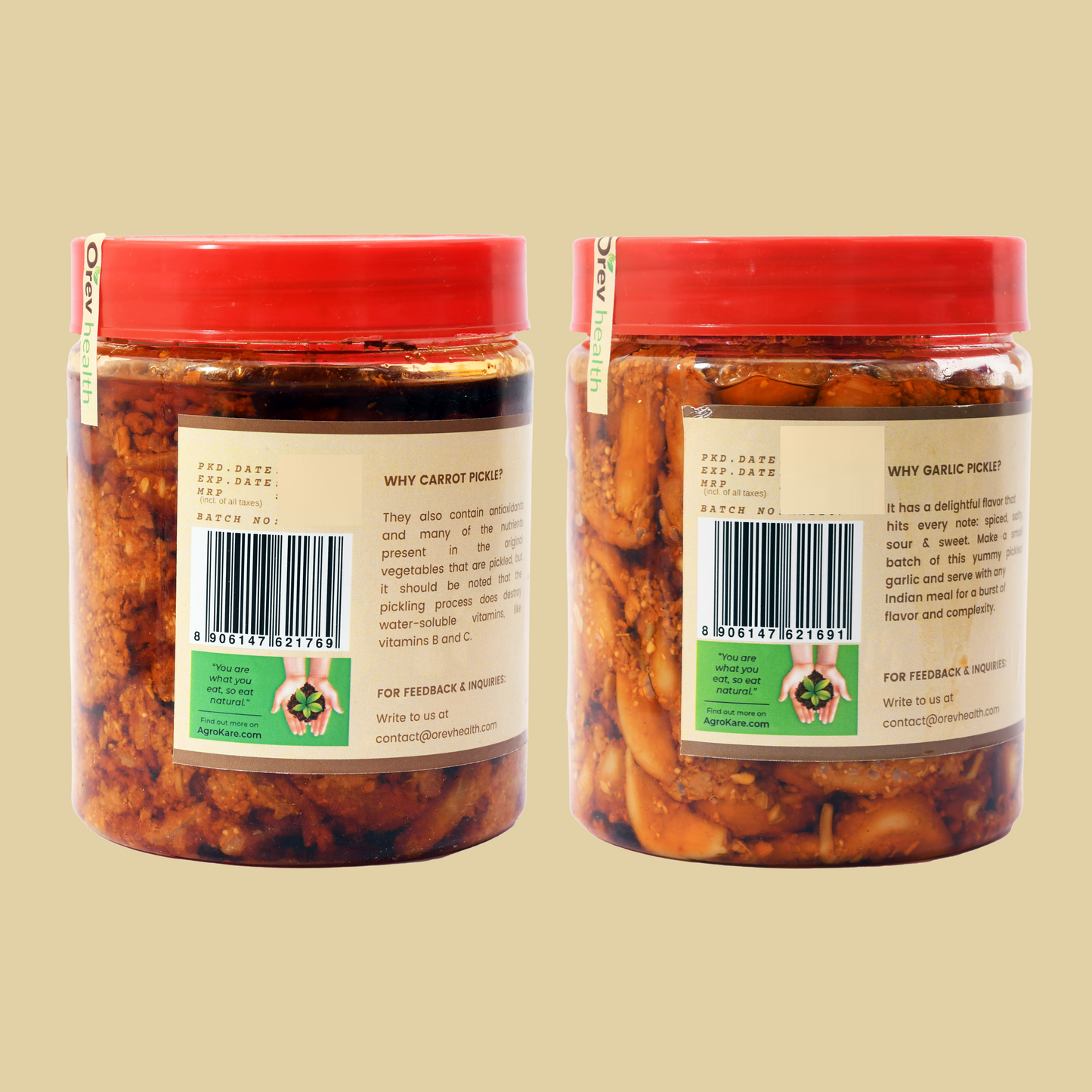 Orev Health Organic Carrot Pickle and Garlic Pickle - 800gm (400gm * 2pack)